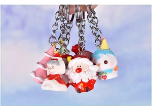 Detail of colorful resin Christmas keychains featuring Santa, snowman, and tree figurines