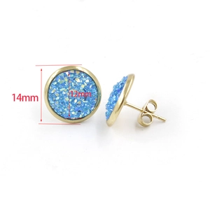 Golden 12mm blue druzy resin stud earrings in stainless steel with 14mm round setting