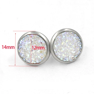 12mm iridescent white druzy stud earrings in silver minimalist stainless steel base