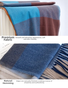 Detail of plaid scarf featuring blue and brown color blocks with fringe edges