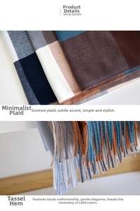 Macro detail showing soft plaid fabric texture and colorful fringe tassels of the scarf