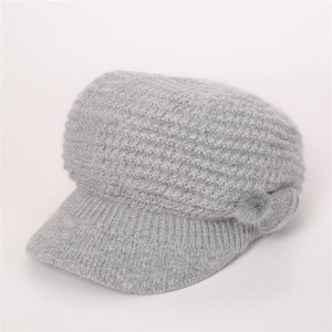 Detail der dicken Strickstruktur und Kunstfellbommel an grauer Winter-Schirmmütze