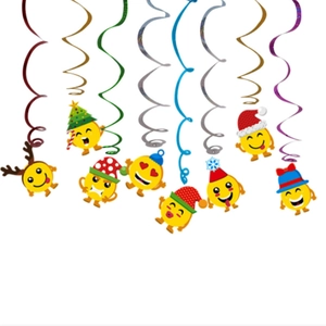 Christmas hanging swirl decorations with festive emoji characters and colorful spirals