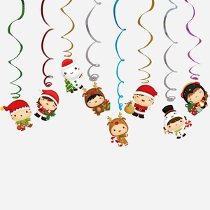 Close-up of colorful spiral Christmas hanging swirls with cartoon Santa and reindeer characters