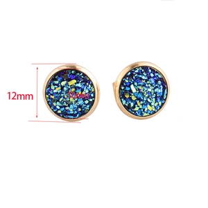 10mm blue-green mineral druzy stud earrings with gold plating and stainless steel base