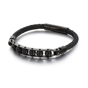 Men's black woven leather bracelet with matte black beads and a magnetic metal clasp