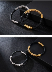 Detail of men's braided leather bracelet with stainless steel beads and magnetic clasp