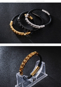 Three-color braided leather bracelets for men with metal beads and cylindrical clasp