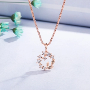 Rose Gold Plated Copper Flower Wreath Pendant Necklace With Cubic Zirconia Inlay Elegant Floral Jewelry For Women