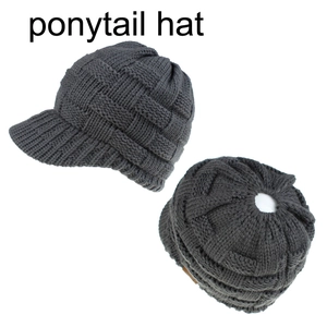 Dark grey knit ponytail baseball hat with grid pattern and top opening for women