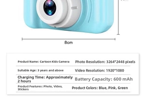 Detail view of 8cm blue kids digital camera with 1080P video and 3264x2448 photo resolution