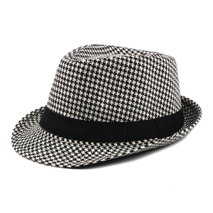 Classic black and white houndstooth fedora hat with a black grosgrain ribbon band