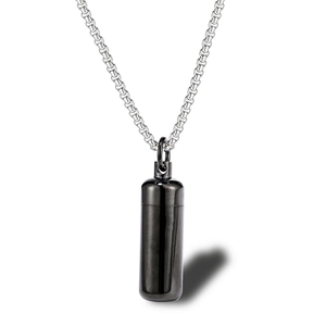 Polished black cylindrical capsule pendant with a silver stainless steel chain necklace