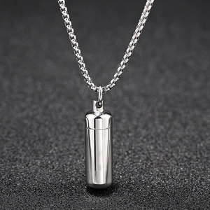 Polished silver cylinder capsule necklace with stainless steel box chain for pendants