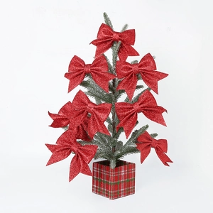 Mini Christmas tree with red glitter bows and a red-green checkered pot base decoration