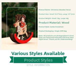 Detail view of painted wooden rocking horse ornaments with snowman and santa designs