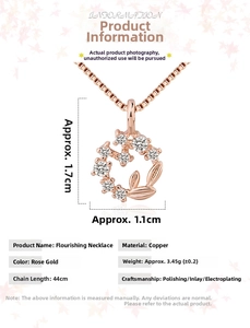 Detailed dimensions of rose gold daisy pendant necklace with zircon inlay and measurements