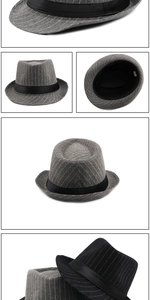 Detailed macro view showing the textured striped fabric and black ribbon on the fedora hat