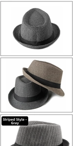 Detailed views of gray herringbone and striped fedora hats with black ribbons