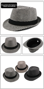 Detail showing classic houndstooth pattern and black ribbon on thick wool fedora hats