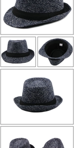 Detail view of navy blue wool felt fedora with black ribbon band and size 58 label