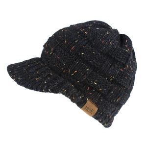 Macro detail of knit texture with colorful flecks and MOK leather tag on visor cap