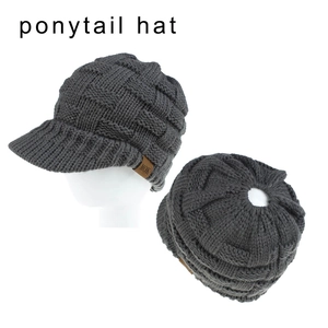 Dark grey chunky knit ponytail baseball hat with open top for women in multi-angle view