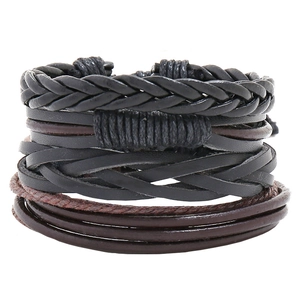 Multi Layer Woven Bracelets Cowhide PU Leather Hemp Rope Wax Cord Adjustable Vintage Punk Casual Retro Men