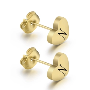 Minimalist 8mm gold heart-shaped stud earrings featuring laser engraved letter N