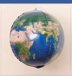 Detailed close-up of a blue and green earth globe balloon for space themed parties