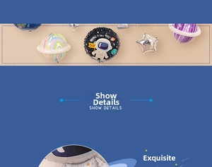 Detail of space-themed foil balloons including astronaut, Saturn, and silver star designs