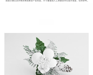 Detail of snowy Christmas pick with pine cones, white berries and frosted gift box decoration