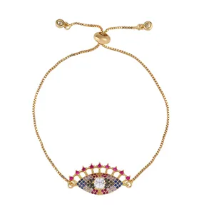 Rainbow Evil Eye adjustable gold bolo bracelet with colorful zircon and box chain