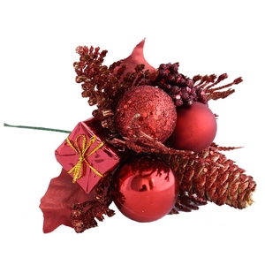 Red Christmas pick with pine cones, ornaments and gift boxes on white background