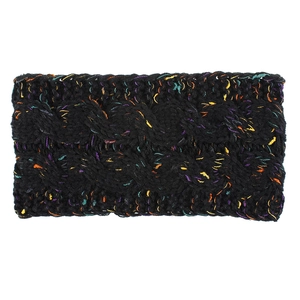 Nahaufnahme von schwarzem Strickstirnband mit warmem Futter und bunten Sprenkeln