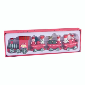 Wooden Christmas train set in red and white with snowman cars and gift box packaging