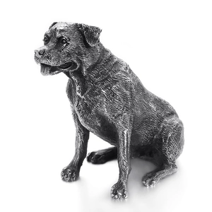 Vintage stainless steel Rottweiler dog statue sculpture with antique finish and fur texture