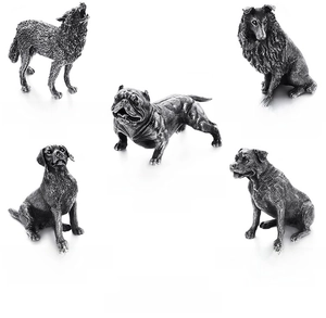 Detailed views of vintage stainless steel dog statues including Bulldog and Labrador