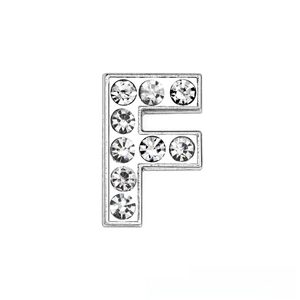 Close-up of a 10mm chrome finish letter F charm set with eight sparkling white rhinestones