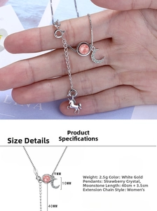 Size chart showing moonstone unicorn pendant necklace dimensions with strawberry crystal