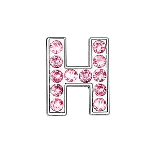 Close-up of silver-tone letter H pendant charm set with 12 pink round gemstones