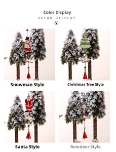 Detail of Christmas wooden ornaments with bell, featuring snowman, tree, Santa and reindeer