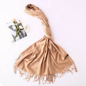 Detail of soft camel cashmere scarf with tassels, styled with accessories on white