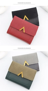Detailed view of women short tri-fold wallets in red, black, green and gray with V-shaped buckle