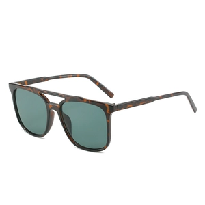 Retro square double bridge sunglasses in tortoiseshell frame with dark green lenses