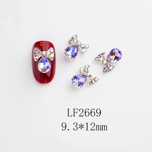Nœud argenté étincelant et breloque en cristal goutte violette, 9,3x12 mm pour manucure