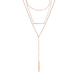 Three-layer rose gold stainless steel necklace with bead chain and Y-shaped bar pendant