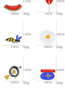 Guide des tailles indiquant les dimensions et le poids des broches émaillées variées