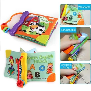 Educational baby cloth book with farm animals, alphabet letters and textured teether