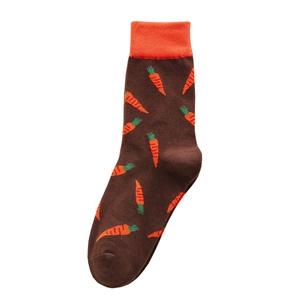 Mid-calf brown cotton socks with cute orange carrot patterns for women in autumn